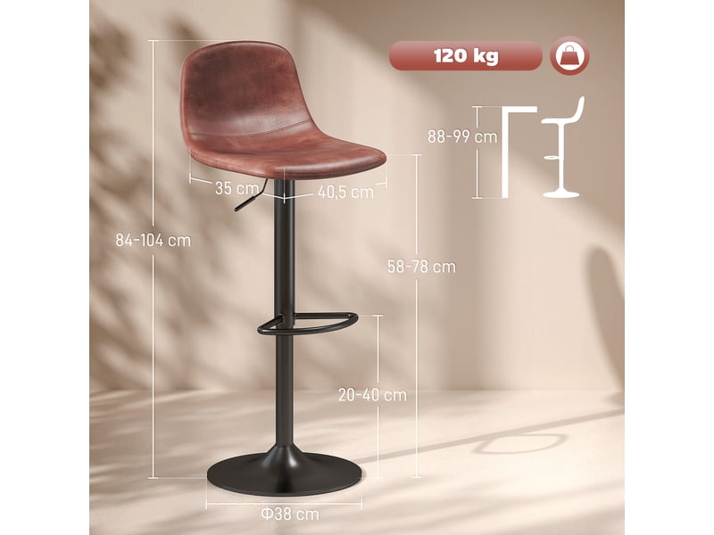  Lot de 2 tabourets hauts réglables à 360° avec dossier et repose-pieds pour cuisine, bar ou salle à manger, 40,5 x 44 x 84-104 cm, marron  - Conforama E