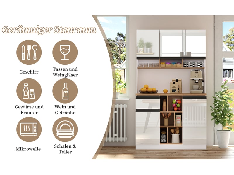  Buffet haut noir en mdf, 120 × 40 × 183,5 cm, étagères réglables, fermeture magnétique, 8 tiroirs, pour cuisine et séjour  - Conforama C