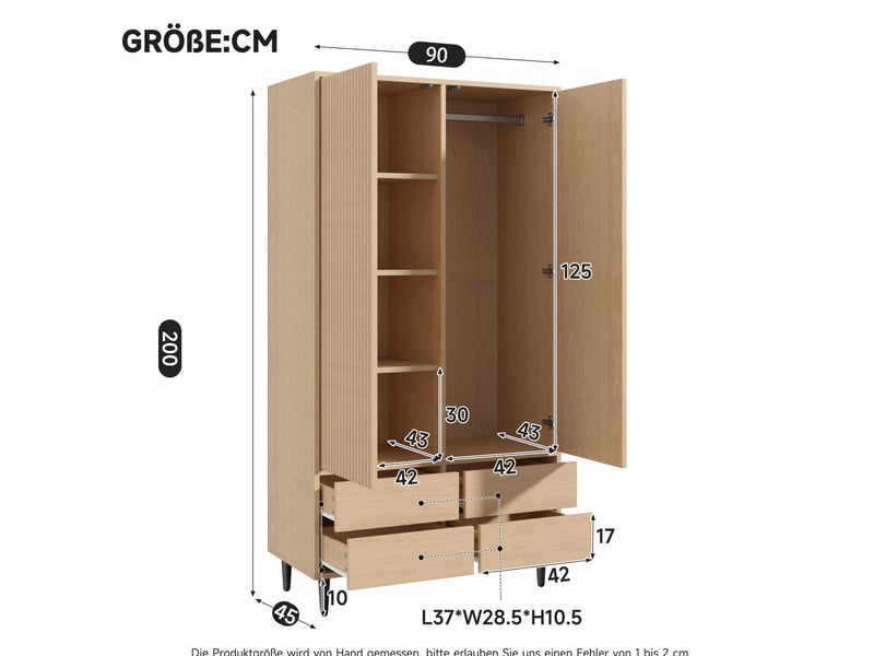  Armoire penderie 90 x 45 x 200 cm couleur bois, mdf acier miroir, 2 portes avec 4 tiroirs  - Conforama C