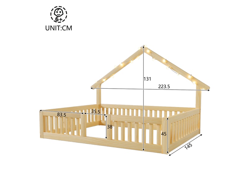  Lit cabane enfant modenvie 140 x 200 cm au sol avec barrière de sécurité led bois naturel  - Conforama C