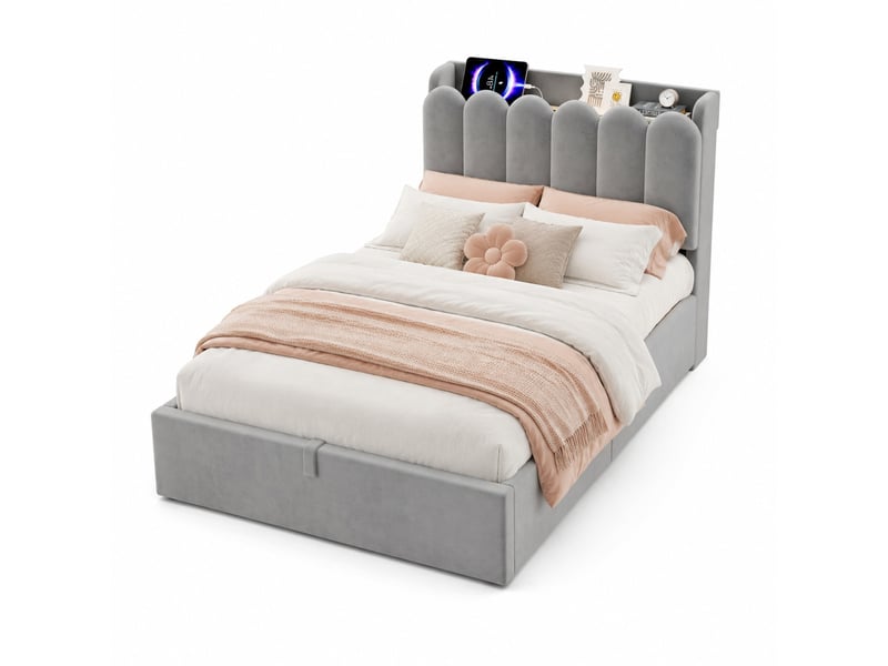  Lit enfant simple 90×200 cm avec coffre, usb, type-c et lampe de lecture - okmyhome- velours gris, sans matelas  - Conforama A