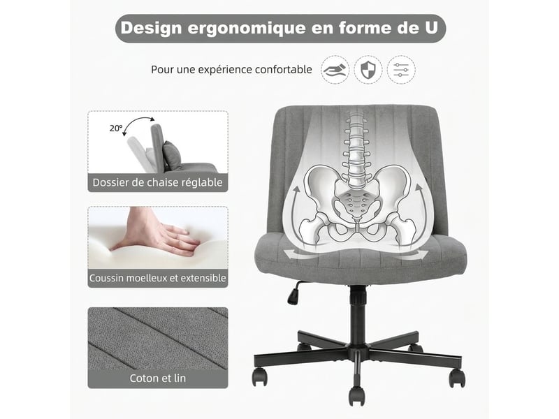  Chaise de bureau pivotante en tissu réglable en hauteur sans accoudoirs à roulettes silencieuses  - Conforama D