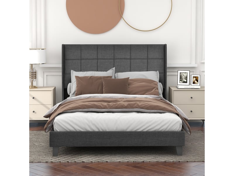  Lit rembourré 140x200cm en lin avec tête capitonnée, sommier à lattes et matelas à ressorts, gris  - Conforama D