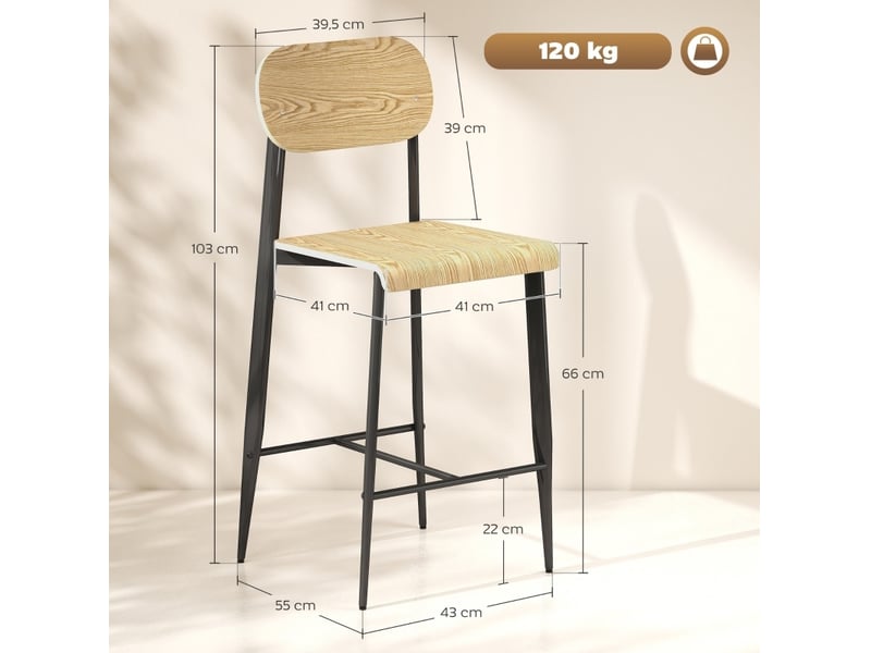  Tabouret de bar 2 pièces avec repose-pieds et patins réglables, style industriel, en acier, bois naturel  - Conforama D