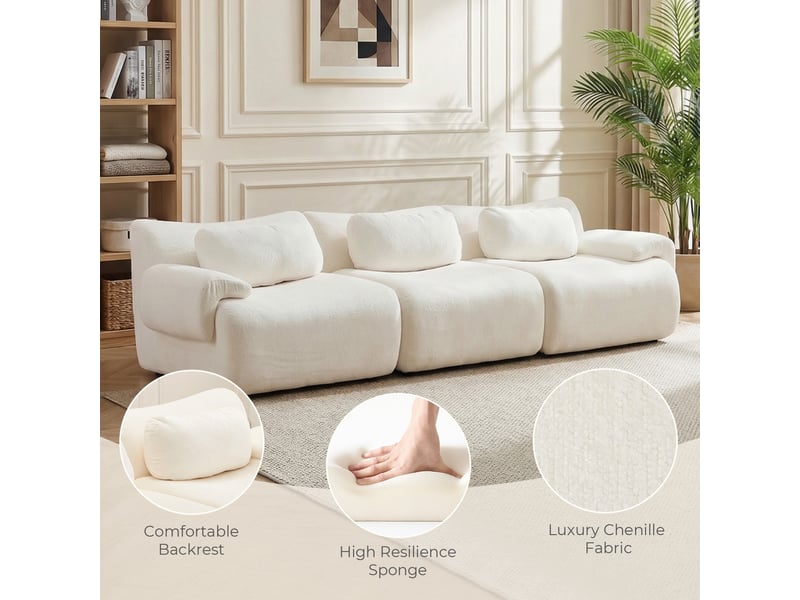  Canapé droit 3 places compressé à design ondulé, assise en mousse et larges accoudoirs en chenille blanc  - Conforama E