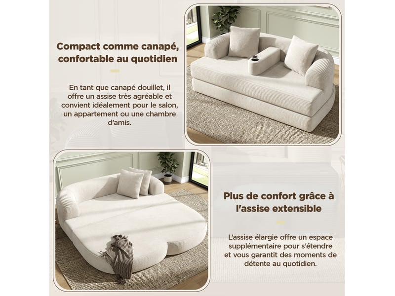  Canapé lounge 2 places modenvie convertible en espace détente en velours côtelé beige clair, accoudoir central amovible avec porte-gobelet, 184 x 176 x 47 cm  - Conforama D