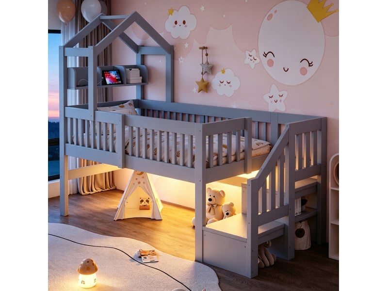 Lit mezzanine enfant 90x200 cm avec toit, rangements et éclairage, coloris gris  - Conforama D