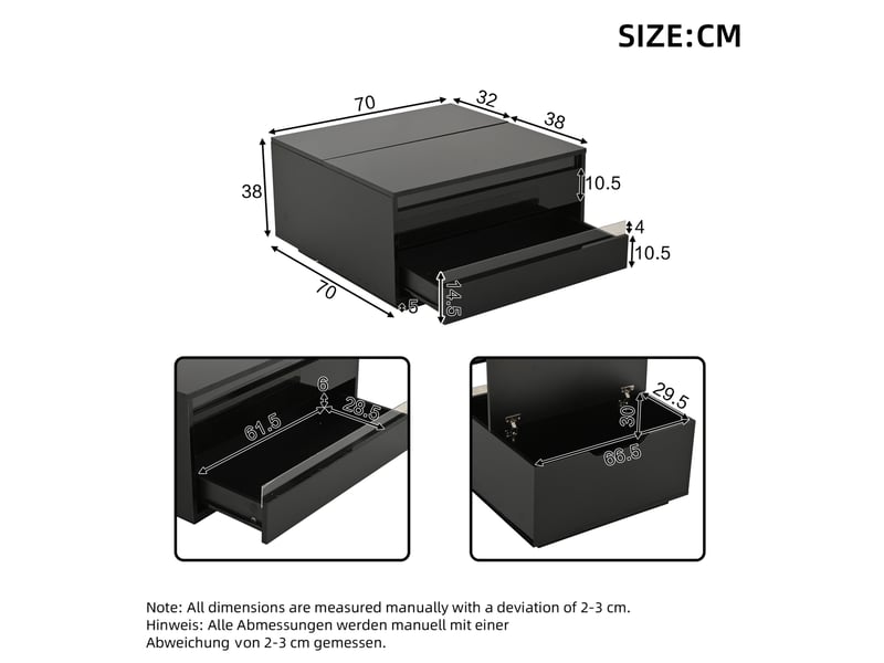 Table basse 70x70x38 cm plateau relevable panneau de particules noir  - Conforama E