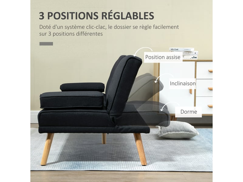  Canapé convertible 3 places, canapé-lit rembourré avec dossier réglable 3 niveaux, 2 coussins et 2 porte-gobelets intégrés, tissu de lin, pour salon, petit espace, chambre d'amis, gris  - Conforama E