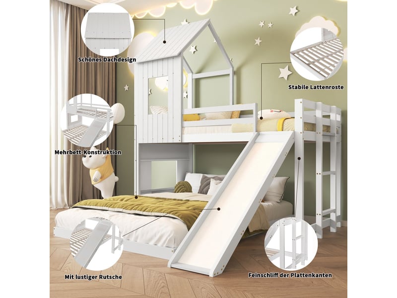  Lit superposé enfant - 90140x200 cm - avec toboggan et échelle - lit superposé - bois de pin - avec rambarde sécurité - blanc  - Conforama D