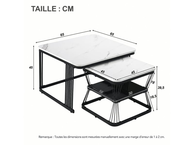  Lot de 2 tables basses modernes en mdf effet marbre, piètement acier, 65 et 45 cm, blanc  - Conforama C