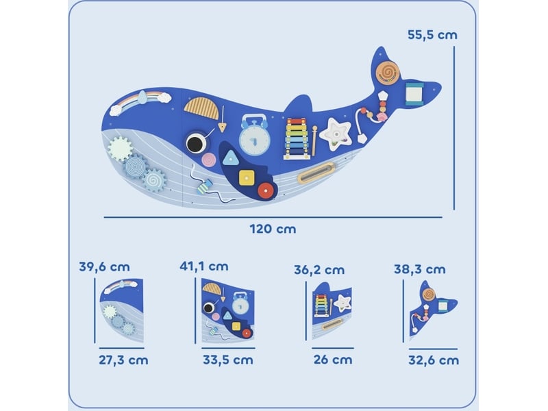 Tableau d'activités montessori 13-en-1 120x55,5 cm mdf bleu, busy board mural avec xylophone et horloge - Conforama C