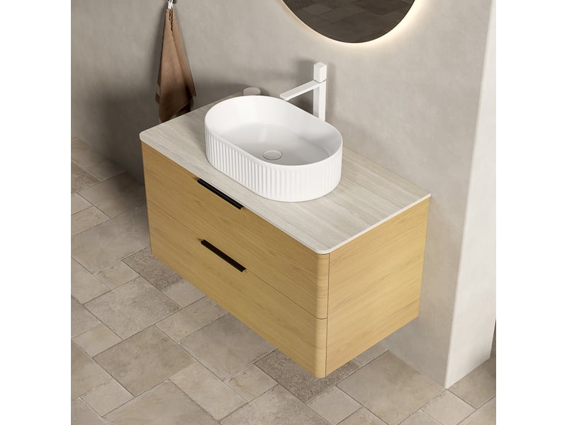  Meuble sous vasque avec lavabo ovale en céramique et 2 tiroirs, plateau en pierre frittée, salle de bain beige  - Conforama C