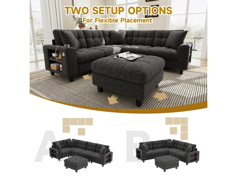  Canapé d'angle modulable xxl 6 places en ul, pouf mobile, accoudoirs bibliothèque, usbtype-c, chenille gris  - Conforama D