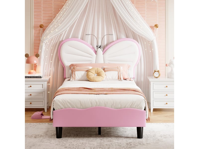  Lit enfant lit simple 90x190 cm, tête de lit papillon et lampe de lecture, style moderne, rose  - Conforama D