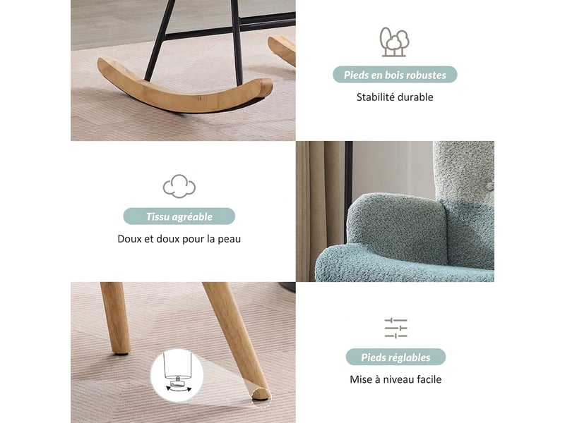  Fauteuil à bascule bouclette patchwork avec repose-pieds, dossier haut 60 cm, pieds en bois et métal, charge 100 kg  - Conforama R