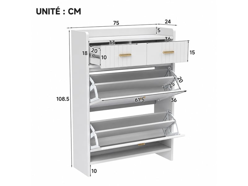 Meuble à chaussures à 2 compartiments abattants, 75x24x108,5 cm, blanc - Conforama E
