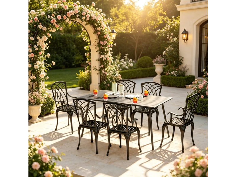  Table de jardin ulevr 6 personnes, 150 x 80 x 74 cm, plateau évitant l'accumulation d'eau, structure en acier gris  - Conforama E