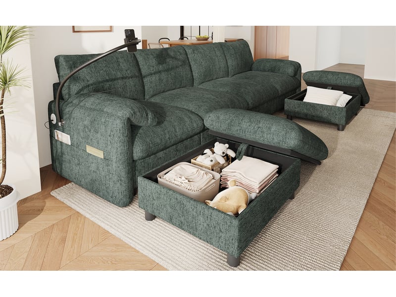  Canapé d'angle modulable 6 places avec 2 poufs de rangement en chenille verte  - Conforama C