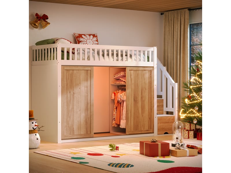  Lit mezzanine 90x200 cm avec armoire et escalier intégré, blanc, lit enfant multifonctionnel avec bande lumineuse colorée  - Conforama C