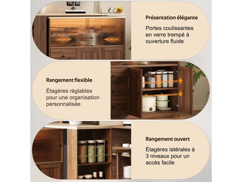  Îlot de cuisine 172x40x96 cm pivotant avec 3 tiroirs et 4 portes, plateau extensible, en mdf couleur naturel  - Conforama D
