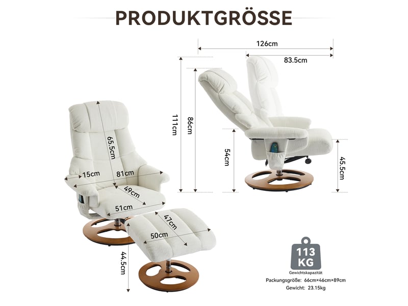  Fauteuil relax massant et chauffant inclinable, repose-pieds, pivot 360°, tissu chenille blanc  - Conforama C