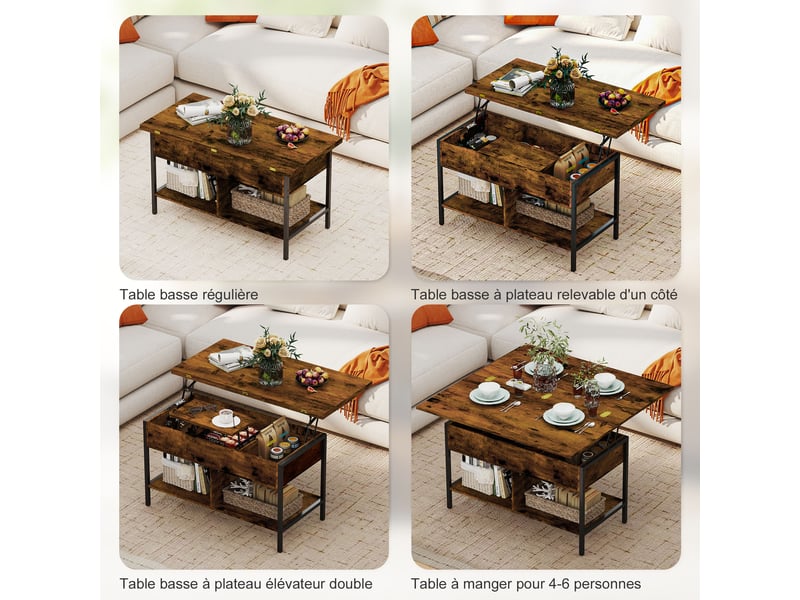  Table basse relevable et extensible, table de salon avec compartiment caché étagères ouvertes, brun rustique, 98x49x55cm  - Conforama D