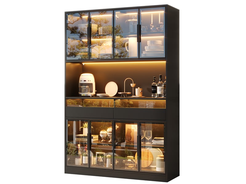  Vitrine 120x40x180 cm - 8 portes vitrées et 2 tiroirs - led multicolore via app - niche ouverte - verre trempé gris et mdf noir  - Conforama A