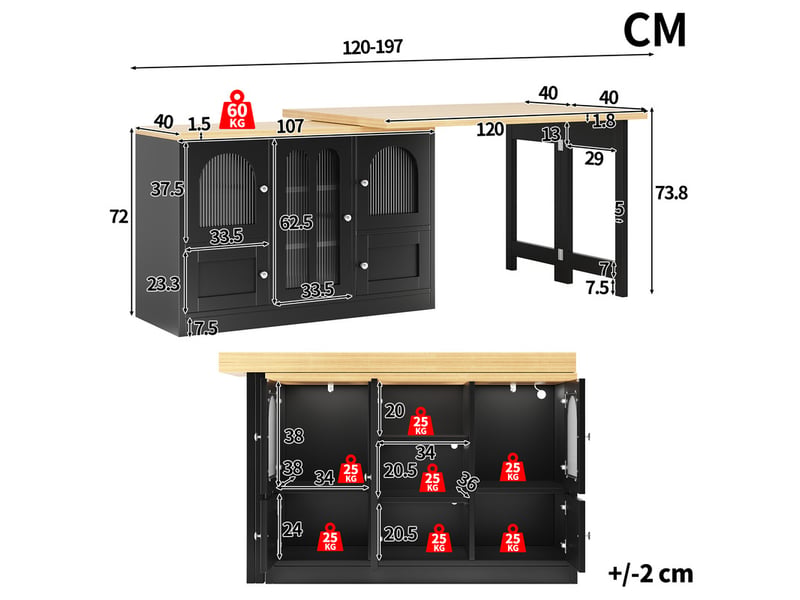 Îlot de cuisine 197cm, table à manger + meuble latéral, plateau rotatif 360°, led rvb par appli, noir, gain de place - Conforama C