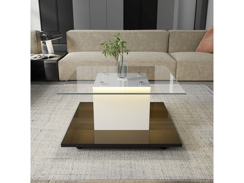  Table basse avec roulettes et led réglable, plateau en verre trempé, finition brillante, en panneaux de particules, blanc noir - uvrion  - Conforama C