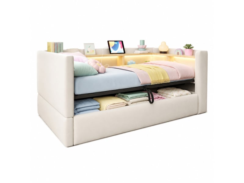  Canapé-lit modenvie 90 x 190 cm coffre hydraulique led prises rangements beige  - Conforama A