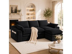 Canapé d’angle modulable 3 places 263x167x85cm avec pouf, coussins,poches latérales,velours côtelé,noir