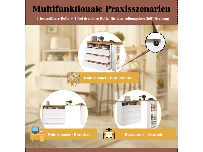  Table bar extensible 137-215 x 39 x 102,3 cm, 6 tiroirs rangement grande capacité stable montage facile cuisine îlot bar bistrot, mdf, blanc evarich - Conforama E