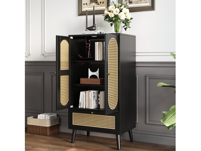  Buffet haut modenvie noir avec façades en rotin 60 x 40 x 110,5 cm, 2 portes et 1 tiroir  - Conforama D