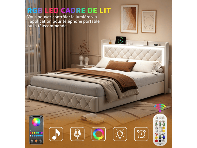  Lit double capitonné 160 x 200 cm velours beige avec sommier, 4 tiroirs, led et ports usbtype-c  - Conforama D