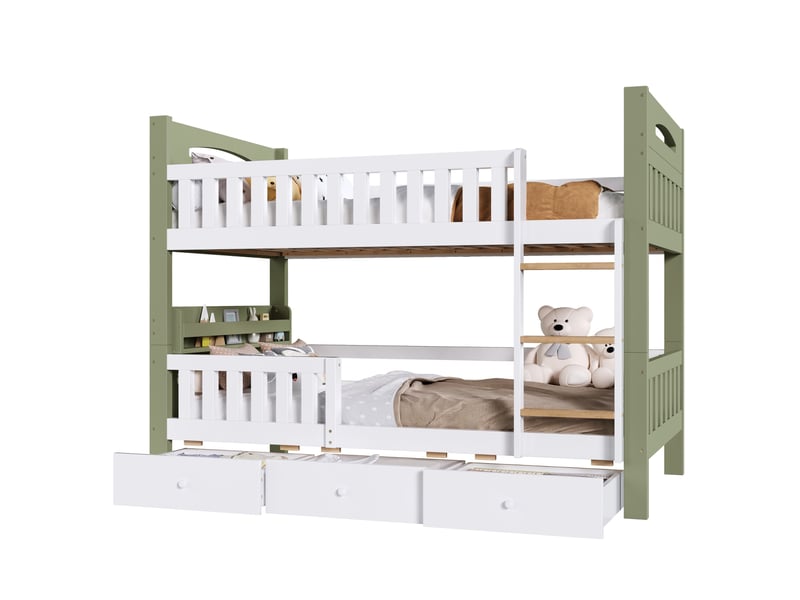 Lit superposé enfant 90 x 200 cm blanc et vert, avec 3 tiroirs, étagère latérale et échelle en bois - Conforama A