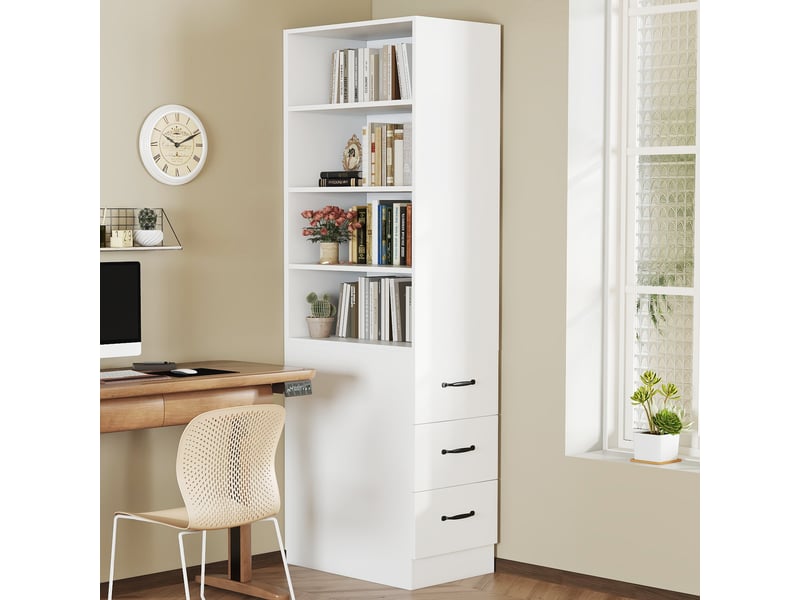  Bibliothèque étroite 180 cm, meuble de rangement avec tiroirs latéraux, armoire haute blanche de salon pour petits espaces.  - Conforama D