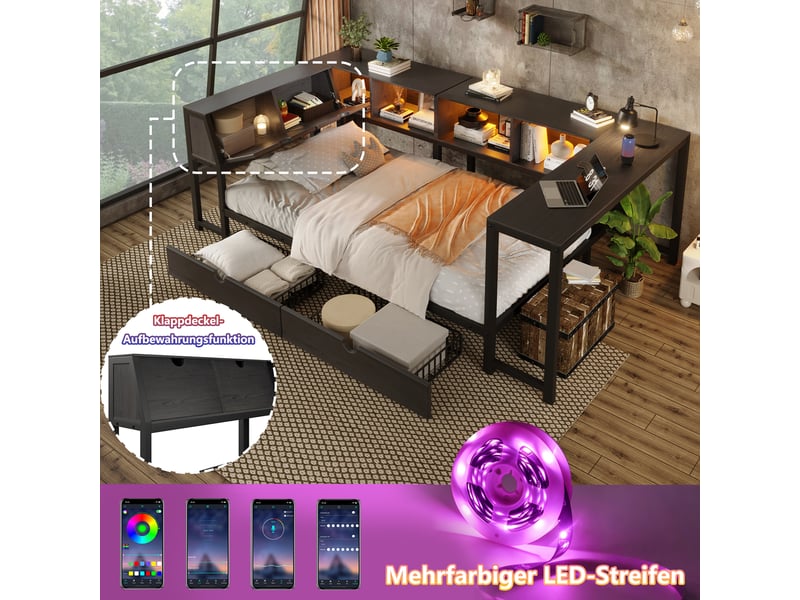 Lit simple 90×200 cm avec bureau, 2 tiroirs, led et rangement - okmyhome- noir, sans matelas, mdf et métal - Conforama E