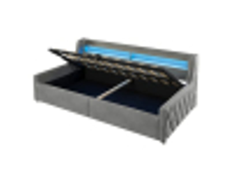  Lit coffre 90 × 200 cm, rangement hydraulique, tête avec led multicolore, sommier à lattes, velours et mdf, gris  - Conforama A