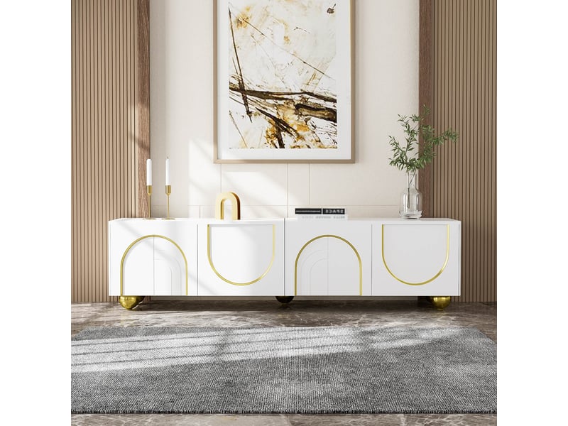  Meuble tv 170x38x44 cm, 4 portes, tiroirs, façades texturées, détails dorés, grand rangement pour salon et séjour - blanc  - Conforama B