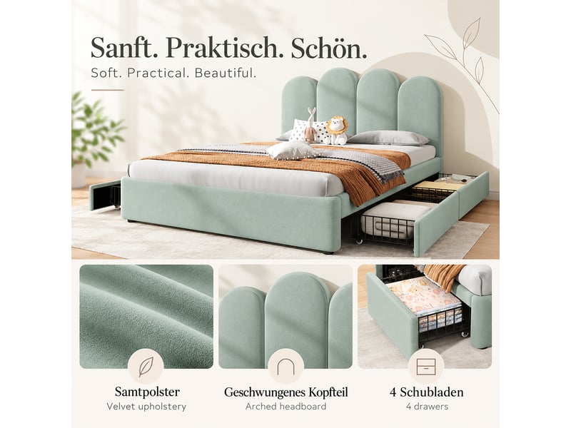  Lit double 140x200 cm avec 4 tiroirs de rangement, tête de lit arrondie rembourrée en velours, structure basse, sommier à lattes, vert clair  - Conforama E