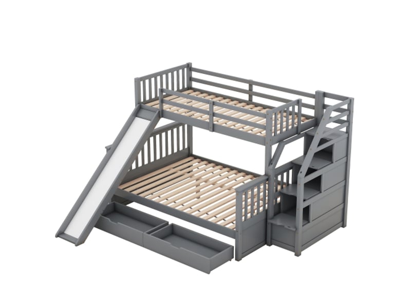 Lit superposé 90140x200 cm avec 2 tiroirs, niches de rangement et toboggan, pin et mdf, gris - Conforama A