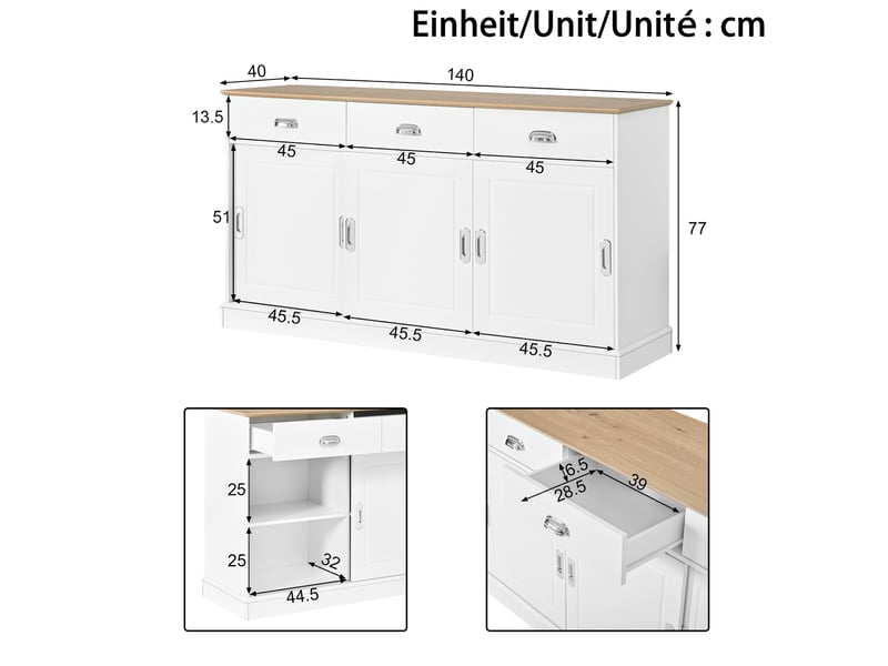 Buffet avec 3 tiroirs et 3 portes coulissantes, buffet salon blanc, 140x40x77 cm - Conforama C