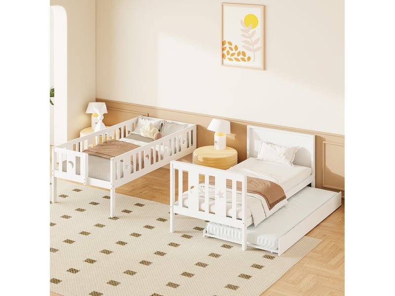  Lit superposé enfant 90x200 cm avec lit gigogne mdf et bois blanc sans matelas  - Conforama D