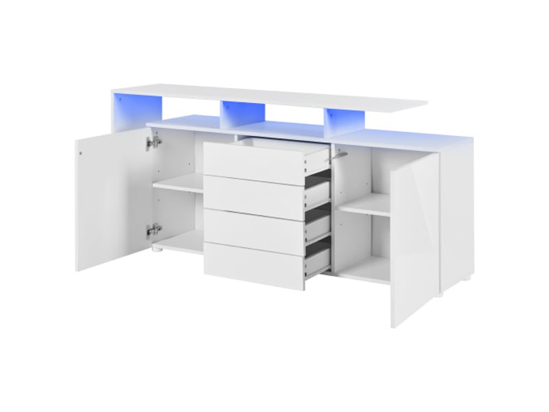 Buffet salon moderne blanc laqué avec led, meuble tv et rangement, 4 portes rotin, poignées métal, style minimaliste pour salon - Conforama D