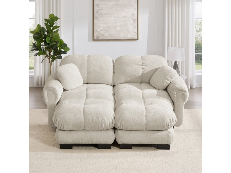  Canapé modulable u 2 places, chenille matelassé fin, coussins épais, 2 pouf amovible, 190x149x90cm, kaki clair  - Conforama D