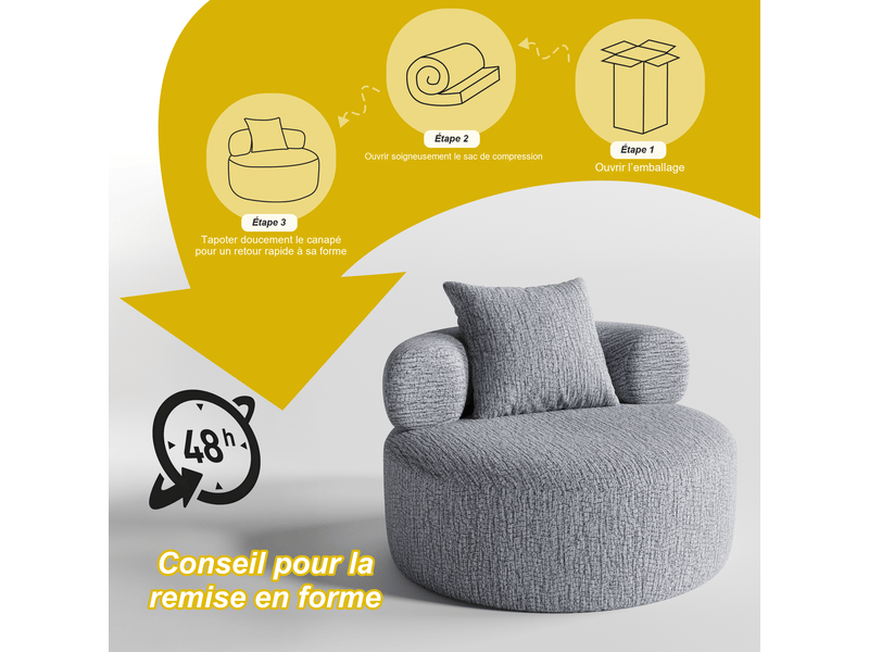  Fauteuil rond 1 place fixe en chenille grise 100 x 100 x 65 cm avec coussin, mousse haute densité, salon chambre bureau 100X100X65cm - Conforama R