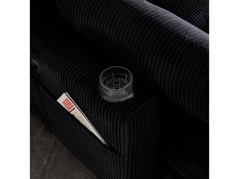 Canapé 2 places en velours côtelé noir, séparable en 2 fauteuils, 2 coussins, 4 porte-gobelets, 4 poches, usb - Conforama E