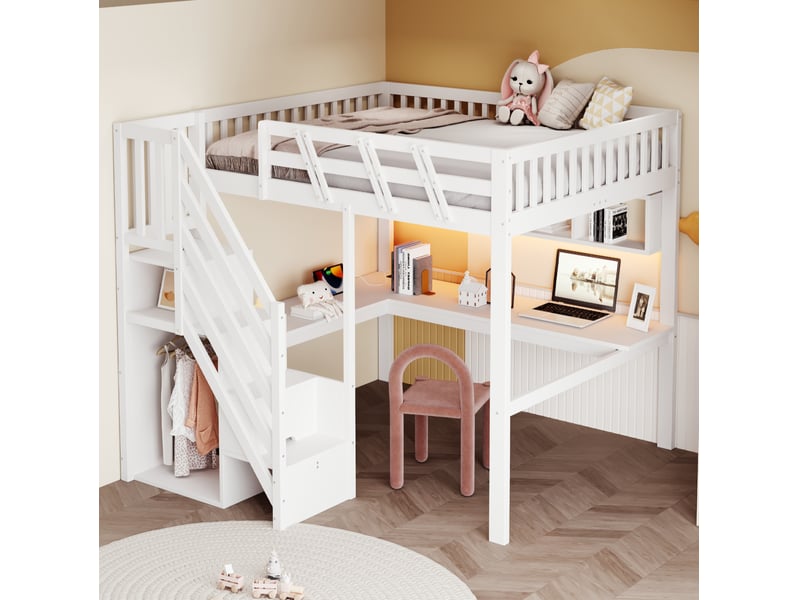  Lit mezzanine 140×200 cm avec rangement, bureau et led, bois, blanc, sans matelas  - Conforama E