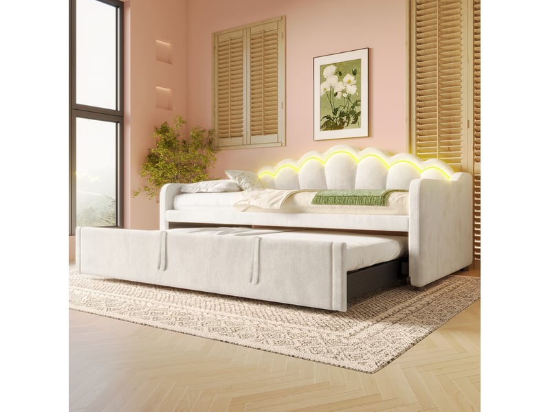  Modenvie lit gigogne 90x200 cm - avec bande led multicolore et dossier ondule, sans matelas - beige  - Conforama D
